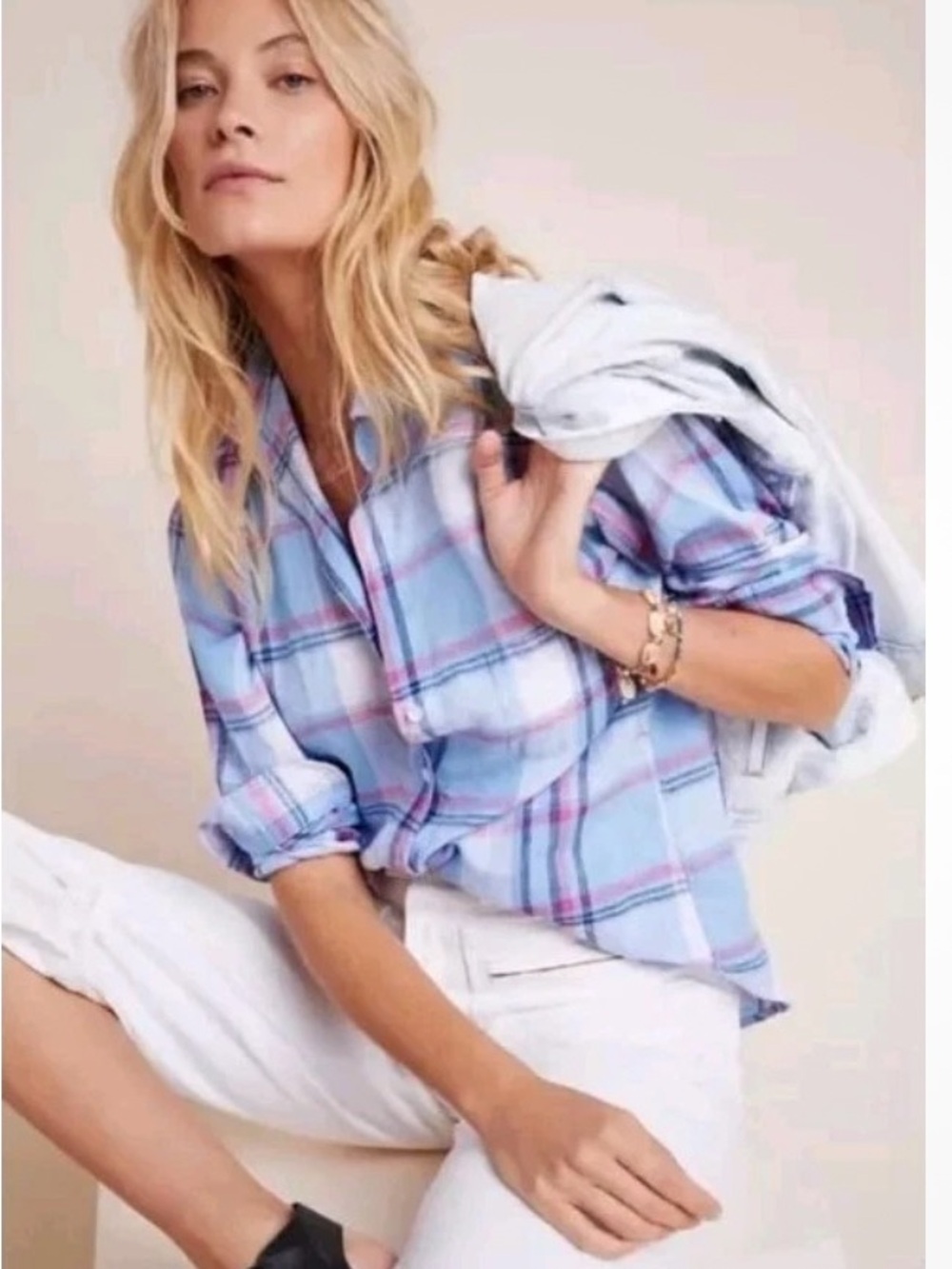 GRAYSON| The Hero Linen Shirt Blue Plaid Button Down Large Preppy